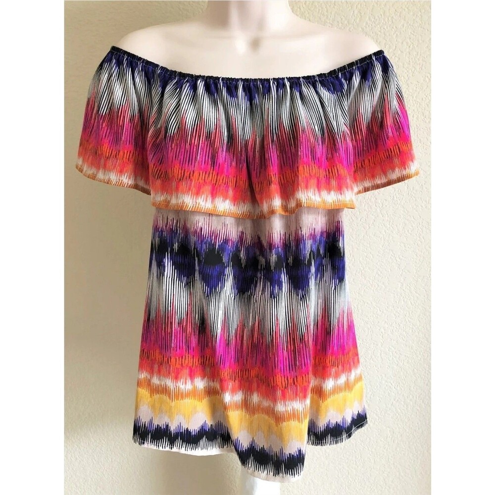 Trina Turk Women's Canton Top  Small 100%  silk off shoulder Smocked colorful